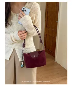Stylish Korean retro suede shoulder bag with knotted strap for women daily commute chic.