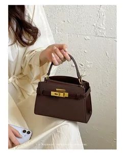 Detailed view of the dark brown retro handbag showcasing classic strap lock design and elegant style.