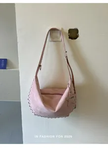 Roze suède hobo schoudertas voor dames, modieus maanontwerp met metalen klinknagels en ster.