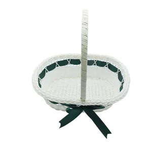 White Woven Flower Basket with Green Ribbon Handheld Rattan Storage Basket for Gift