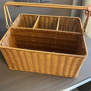 Geweven Rattan Opbergmand Meerdere Vakken Draagbare Picknickmand Rechthoekige Organizer