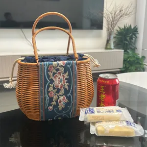Woven Imitation Rattan Storage Basket Shell Shaped Handheld Flower Basket With Blue Embroidery Fabric Lining For Home Decor