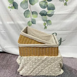Handmade woven storage basket rectangular imitation rattan basket with fabric liner 2pcs set