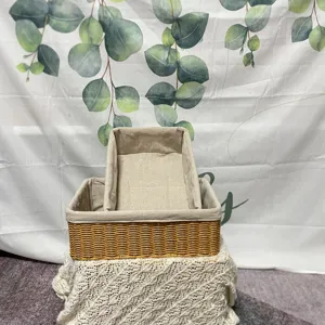 Handmade Woven Storage Basket With Fabric Liner Rectangular Storage Bin For Cosmetics Toys Snacks Home Organization