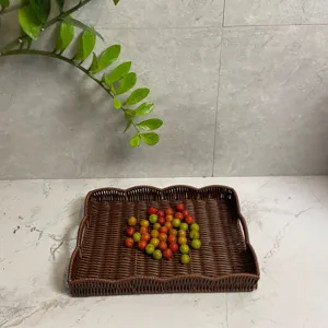 Woven imitation rattan storage tray for kitchen, bread basket, fruit and snack serving tray.