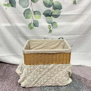 Handmade rectangular imitation rattan storage basket with fabric lining and lace cover for home.