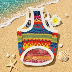 Summer pet vest detail view, colorful island style knit fabric with white rib trim, breathable.