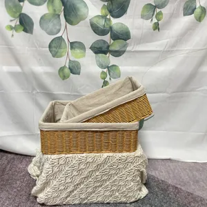 Rectangular woven storage basket with fabric liner for home organization, toys, and makeup.