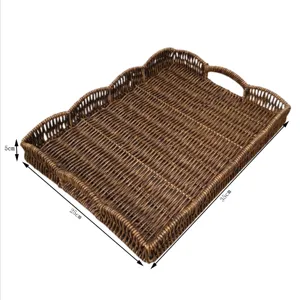 Detailed view of the woven rattan storage tray with dimensions and handles for easy use.