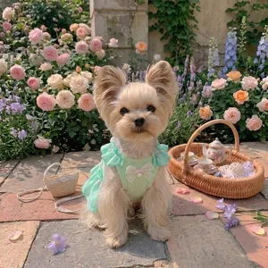 Dettaglio ravvicinato di un cane carino con vestito a volant verde menta in un bel giardino.