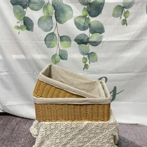 Handmade rectangular imitation rattan storage baskets set with fabric lining for home and toys.