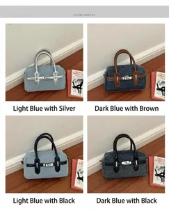 Classic denim handbag variant color options, retro style top handle bag with metal lock.