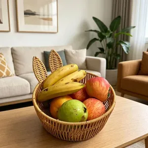Cute bunny ears rattan fruit basket, woven snack and candy storage for living room table