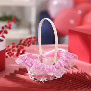 PE Rattan Storage Basket With Pink Lace Bowknot Cute Flower Girl Basket For Wedding Home Decor Desktop Organizer