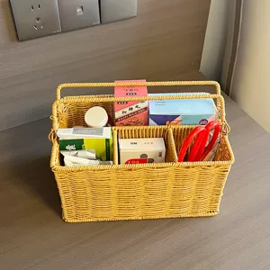 Cesto portaoggetti in rattan intrecciato con manici contenitore organizer da scrivania