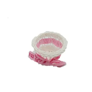 Mini handmade woven rattan flower basket with pink ribbon bow, cute plastic storage pot.