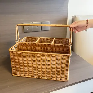 Cesto portaoggetti in rattan intrecciato con manico organizer a scomparti multipli per la casa