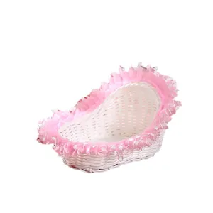 White Wicker Storage Basket with Pink Lace Ruffle Trim Decorative Flower Girl Basket
