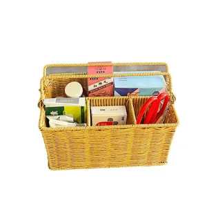 Cesto portaoggetti in rattan intrecciato organizer rettangolare con manico e scomparti.