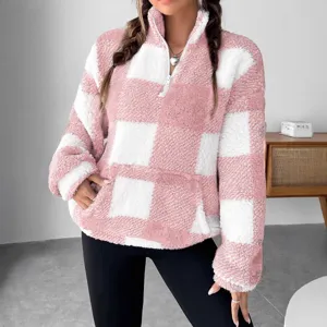 Pink white checkered quarter zip fleece pullover sweatshirt winter warm fuzzy cute top