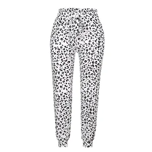 High waist drawstring cuffed casual pants featuring trendy black and white leopard print details.