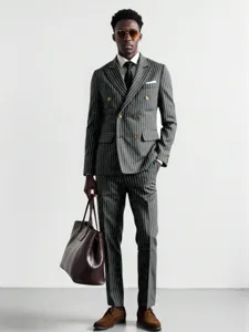 Men's grey pinstripe double-breasted suit set, classic business formal wedding outfit style.