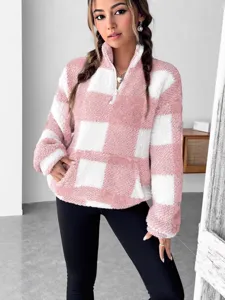 Women pink white checkerboard half zip fleece sweatshirt short sherpa pullover top winter