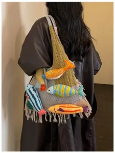 Knitted woven shoulder bag with cute fish plushies, casual lazy style tote bag details.