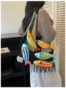 Chic knit fish tote bag detail showcasing unique handmade style and fashion design elements for women.