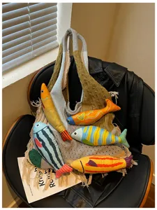 Knitted tote bag for women casual commuter woven shoulder bag with cute fish toys aesthetic
