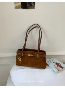 Brown suede shoulder bag retro top handle tote aesthetic commuter daily casual handbag.