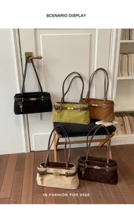 Women stylish vintage suede shoulder bag with metal lock charm, large capacity casual tote.