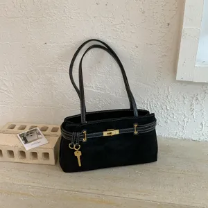 Women Fashion Suede Shoulder Bag Korean Style Retro Large Capacity Commuter Handbag Elegant Suede Velvet Tote With Metal Lock Key Pendant