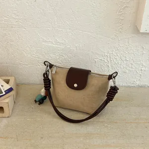 Retro Suede Leather Stitching Shoulder Bag For Women Small Korean Simple Crossbody Bag Fashion Commuter Handbag With Bead Pendant Accessory