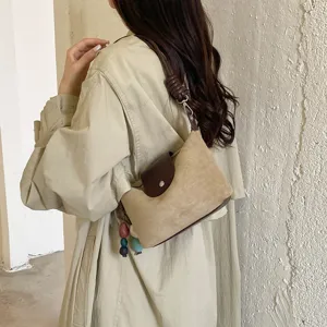 Korean retro faux suede shoulder bag for women, casual commuter crossbody handbag with flap.