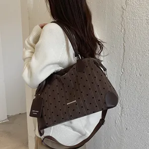Sac à épaule rétro à pois pour femmes, élégant cabas marron et sac bandoulière.