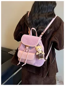Korean style casual women mini backpack chic minimalist cute bear pendant pink shoulder bag