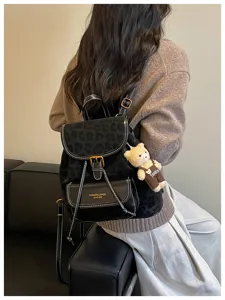 Women casual black backpack Korean style leopard print school bag with cute bear pendant