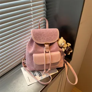 Women Casual Canvas PU Leather Spliced Leopard Print Backpack Flap Closure Lightweight School Travel Shoulder Bag For Youth