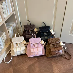 Mini leopard print backpack women casual PU leather school bag cute bear pendant daypack