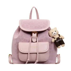 Casual pink women backpack with leopard print flap, drawstring closure and cute bear pendant.
