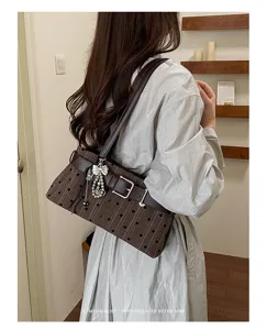 Retro bruine schoudertas met gesp en parel strik hanger voor vrouwen chic vintage dagelijks gebruik