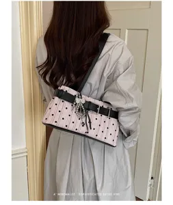 Roze polstippen schoudertas voor dames vintage riemgesp okseltas stijlvolle handtas