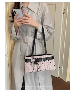 Vintage polkadot schoudertas voor dames, retro gesp okseltas, elegante en chique handtas.