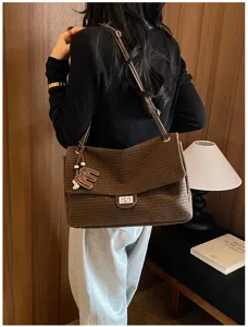 2026 Autunno Nuovo Borsa a Tracolla in Pelle Tessuta Marrone Grande Capacità Moda Donna