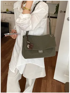 Borsa a tracolla intrecciata verde da donna, elegante borsa casual giornaliera con chiusura.