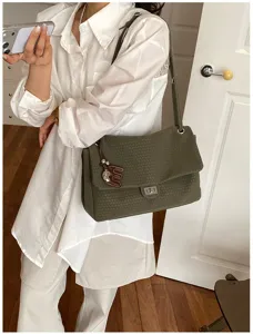 Chic borsa a tracolla intrecciata verde scuro da donna, elegante borsa a mano con patta.