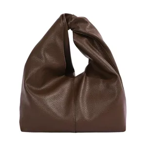 Bolso de mano de cuero marrón oscuro con nudo para mujer, elegante bolso de hombro.