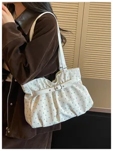 Mujer bolso de hombro plisado con lunares bolso de axila informal elegante bolso diario blanco