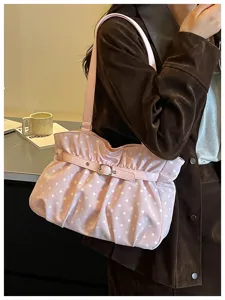 Bolso de hombro fruncido de lunares rosa estilo coreano, bolso elegante con hebilla metálica.
